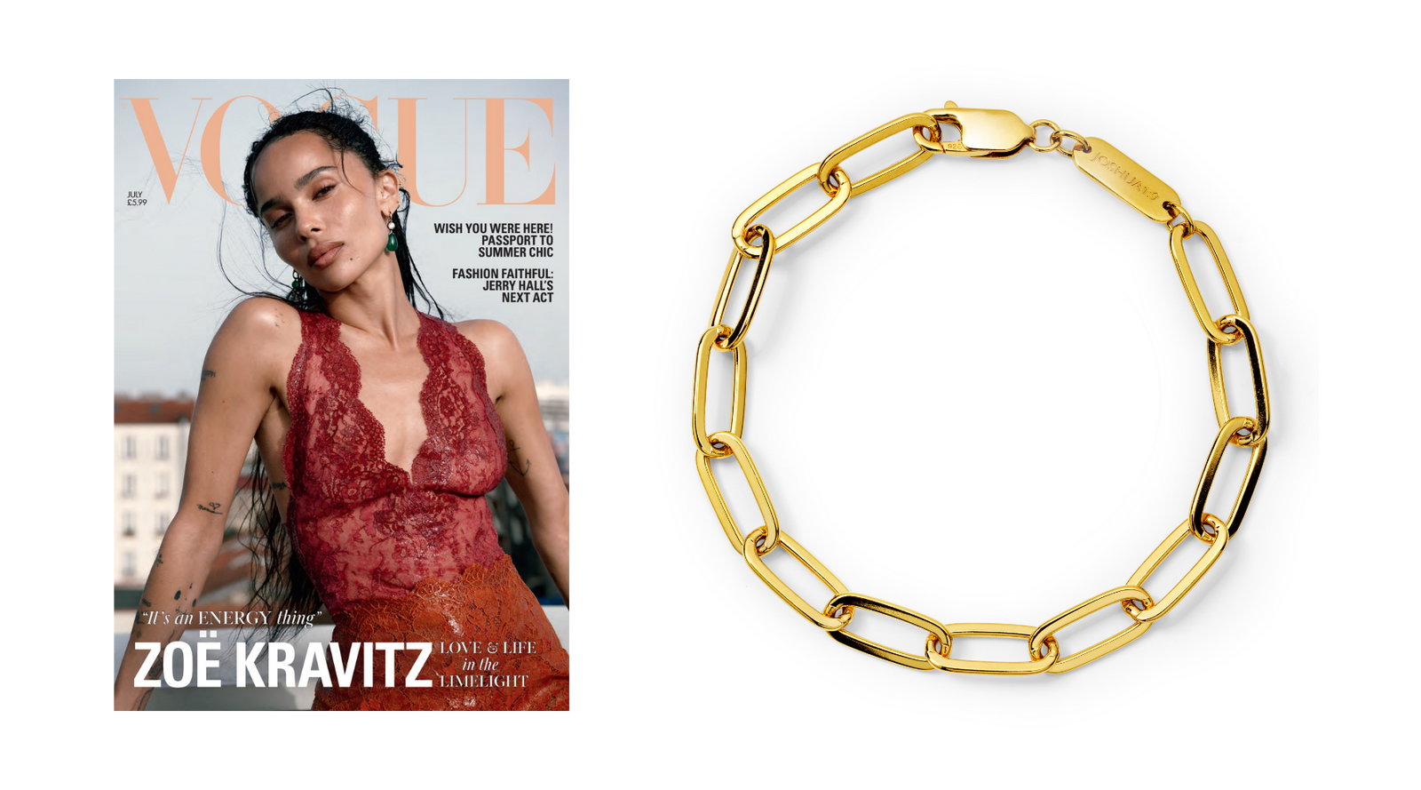 ZOE HOOP JEWELRY i British Vogue juli 2026 med Courage Chain Bracelet inspirerat av Josua 1:9